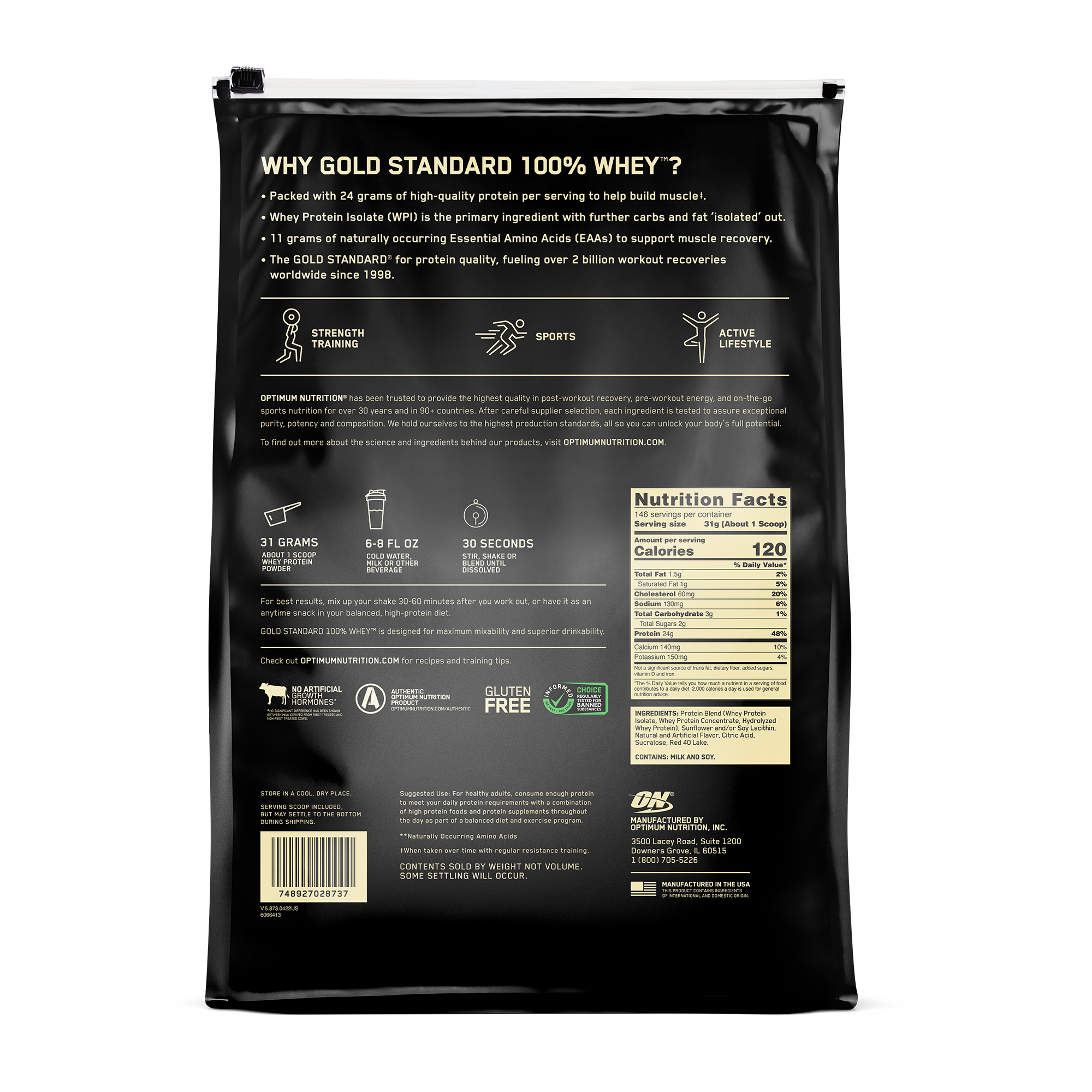 Gold Standard 100% Whey Protein Powder Delicious Strawberry - 10 Lbs (146 Servings)