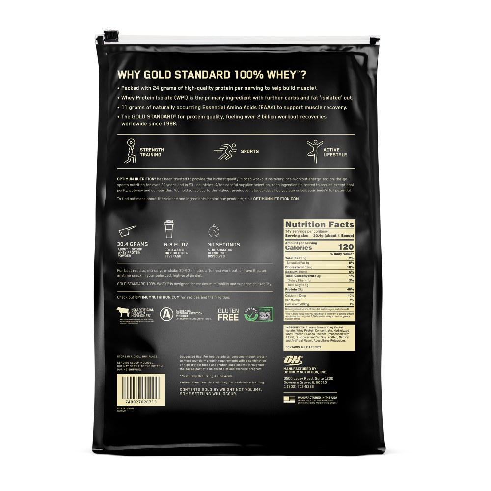 مسحوق جولد ستاندرد 100% واي بروتين - نكهة الشوكولاتة الغنية المركّزة - 10 رطل (149 حصة)