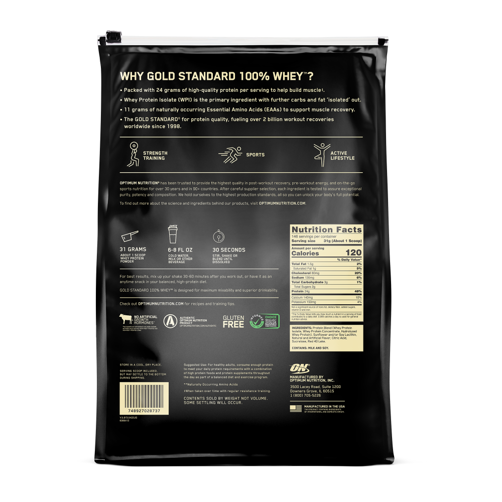 Gold Standard 100% Whey Protein Powder Delicious Strawberry - 10 Lbs (146 Servings)