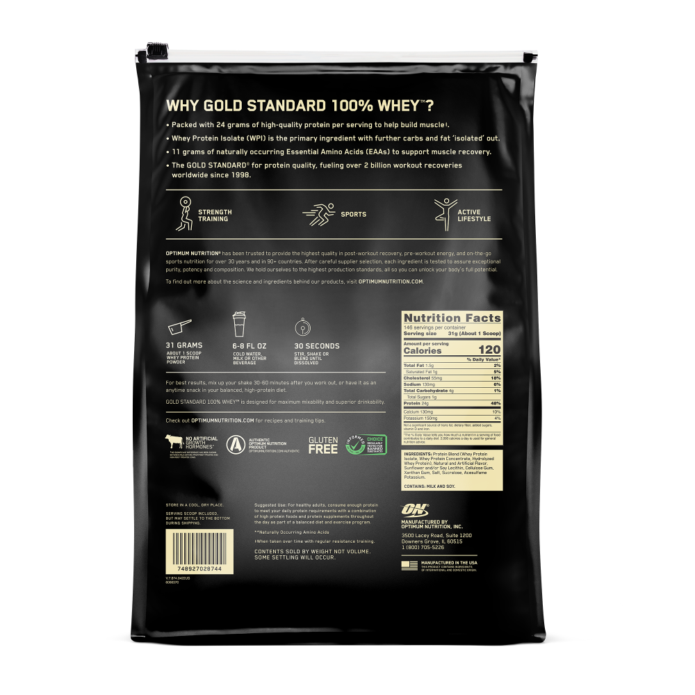 مسحوق جولد ستاندرد 100% واي بروتين - نكهة آيس كريم الفانيلا - 10 رطل (146 حصة)