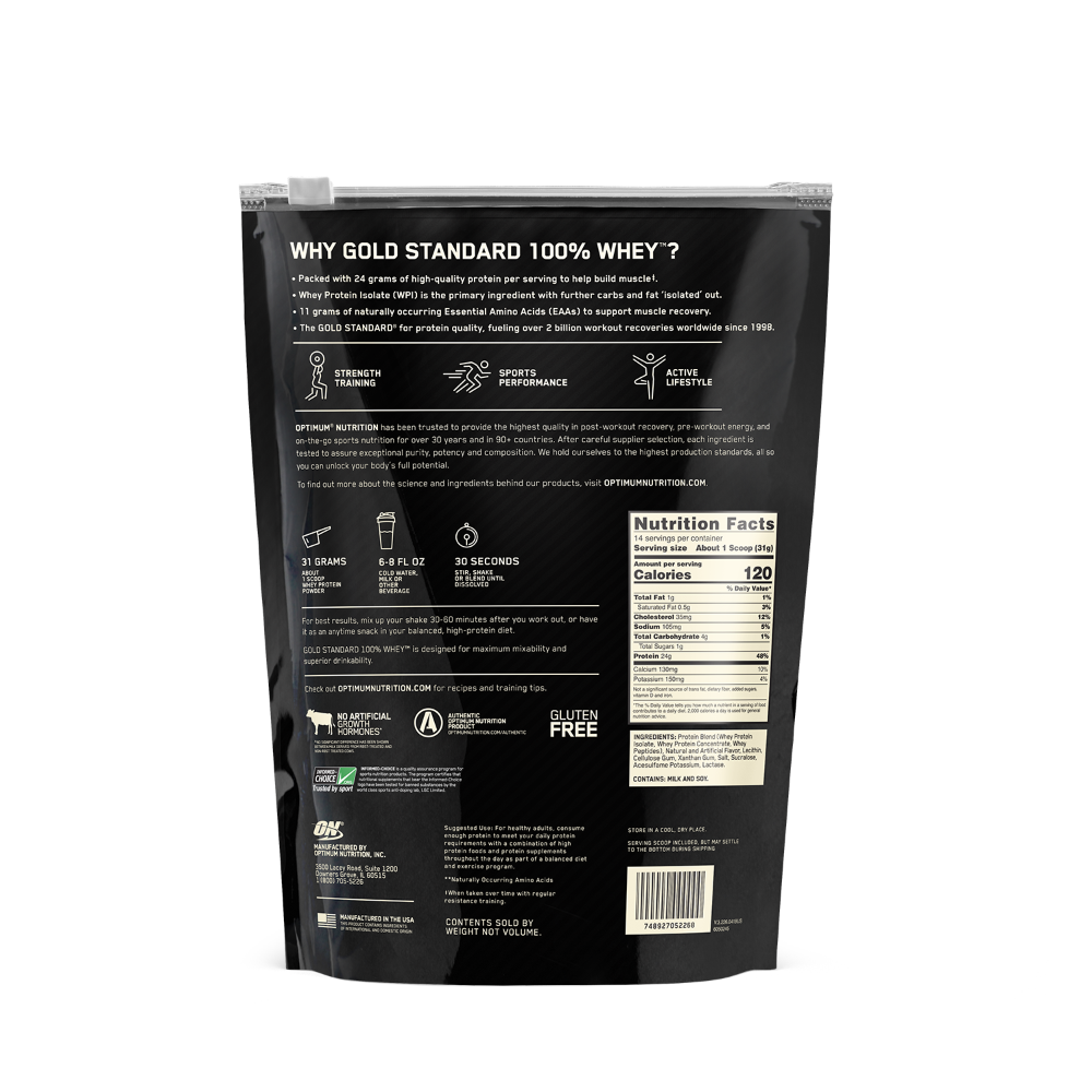 مسحوق جولد ستاندرد 100% واي بروتين - نكهة آيس كريم الفانيلا - 1 رطل (14 حصة)